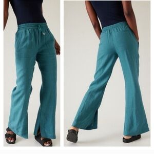 Athleta Retreat Linen Wide Leg Pant Pull On Drawstring Teal Beach Casual Size 8